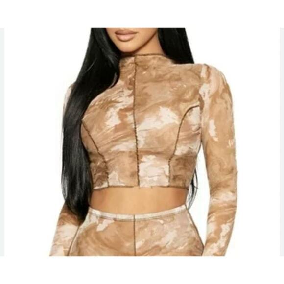naked wardrobe Tops - Women's Naked Wardrobe Brown Mesh Long Sleeve Crop Top - Size S NEW with tag